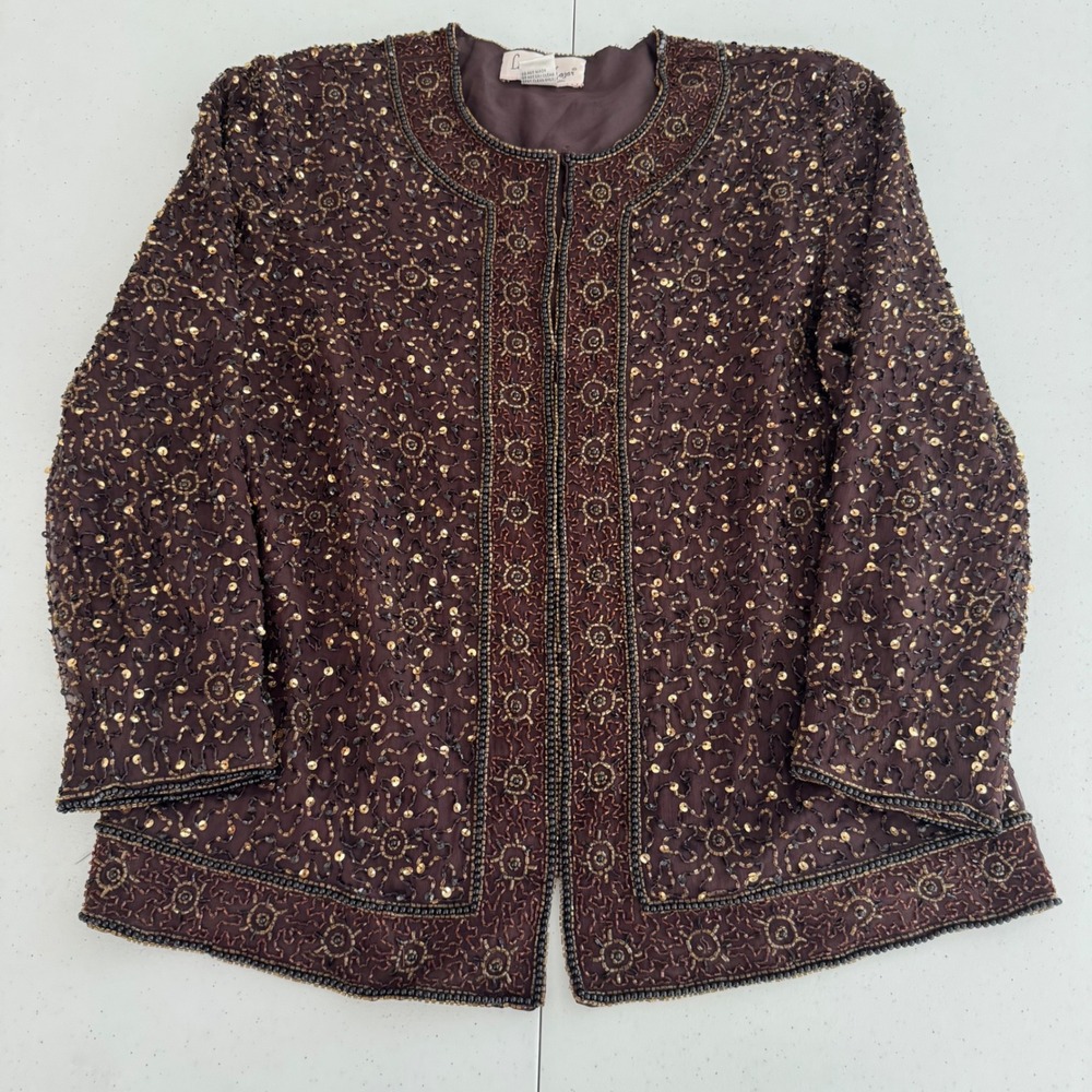 Vintage Beaded Sequin Silk Jacket Brown Gold Women Medium Evening Formal Party